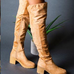 Almond Toe Lug Chunky Heel Over The Knee Boots